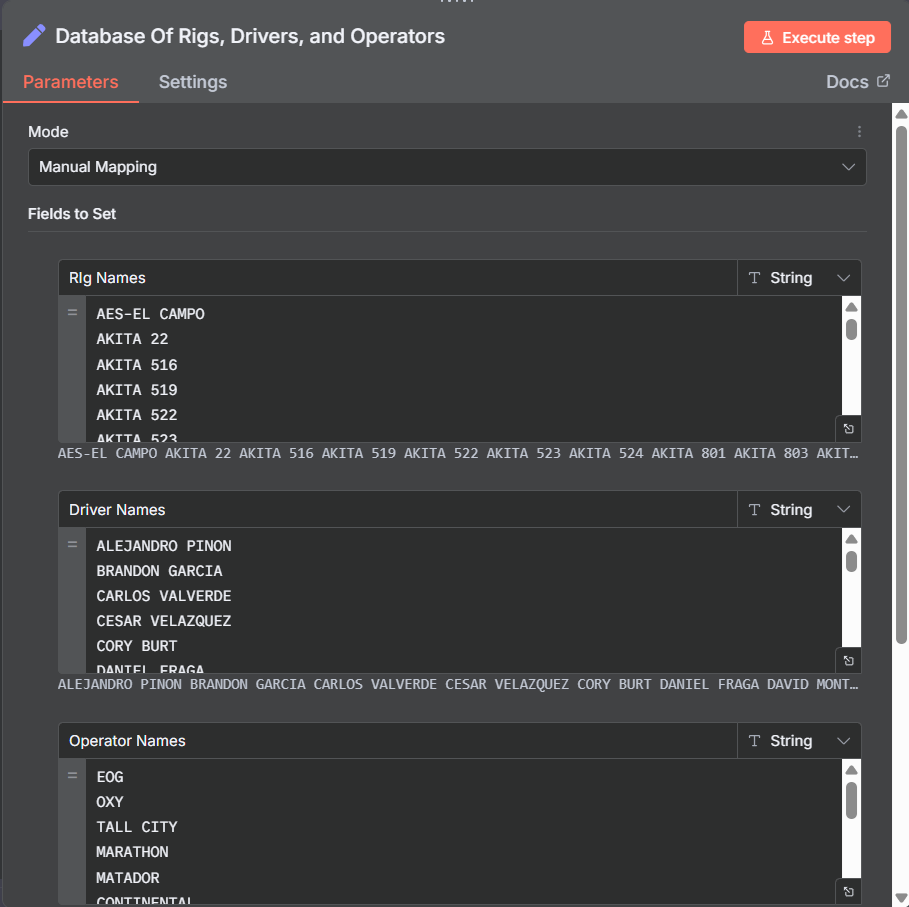 Database of Rigs, Drivers, and Operators